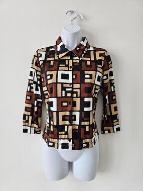MEXX Multi Color Geo Print 3/4 Sleeve Button Front Blouse Top Small